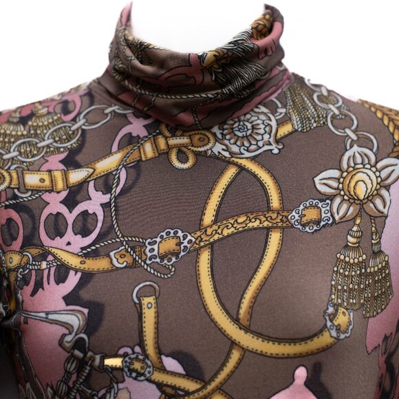 Les Copains Women M Turtleneck Pullover Belt Chain Tassel Print Equestrian Italy - Picture 2 of 5